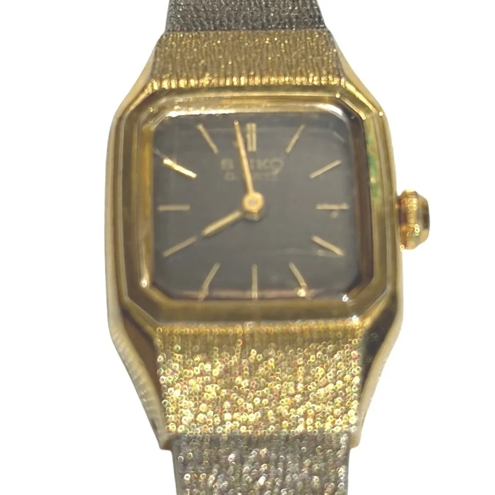 Vintage SEIKO Gold Tone Tank‎ Watch Women Copper Dial Mesh Band Art Deco Petite